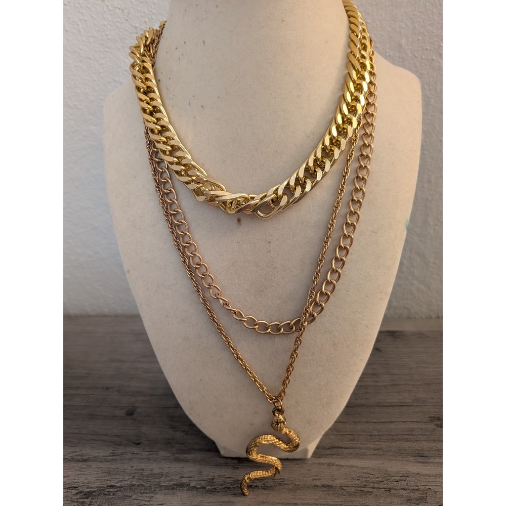 Gold‎ Multi Strand Layered Necklace Chunky Curb Chain Snake Pendant Statement